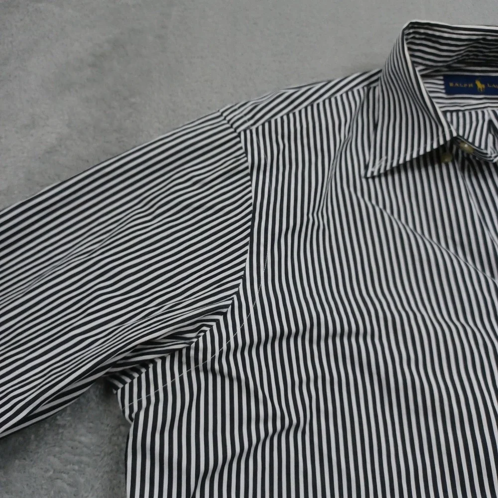 Ralph Lauren Shirt Mens Medium Black Striped Classic Fit Cotton Long Sleeve